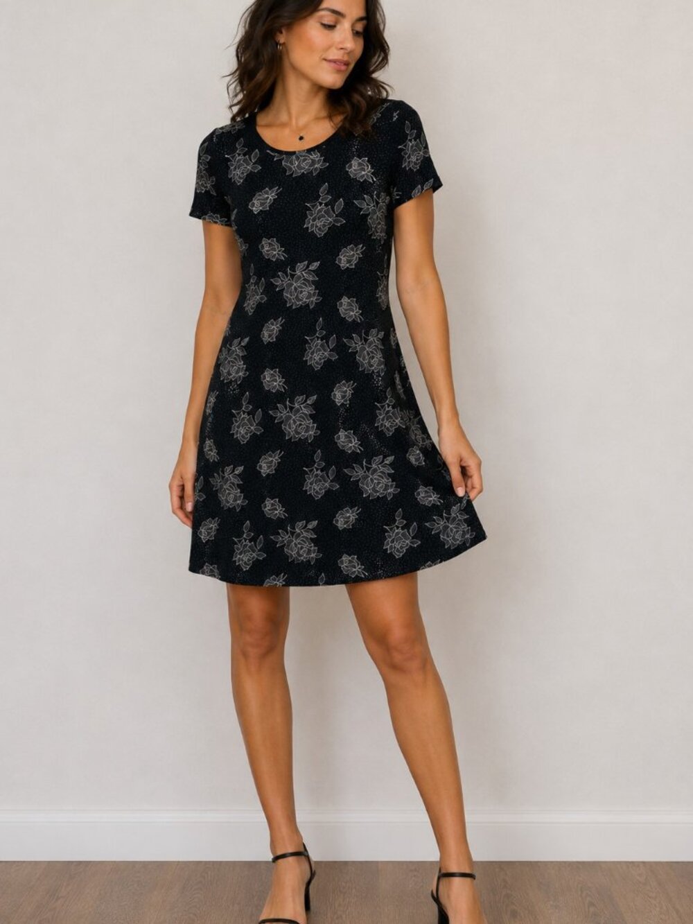 Vintage 90s Y2K Teddi Dress Women 8 Black Floral Rose Slinky Knit A-Line Minimal